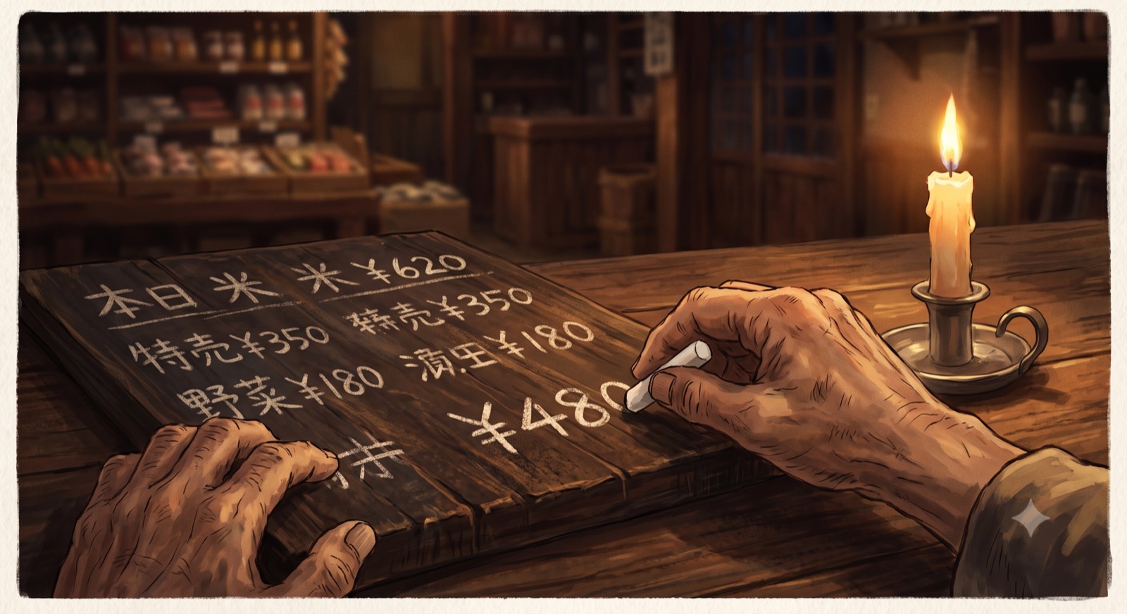 Hands writing prices in chalk on a board beside a burning candle